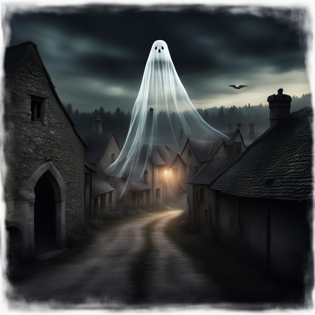 Ghostly Apparition Over Dark Medieval Village