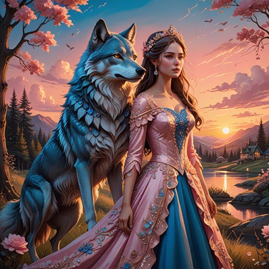 Wolf Bride in Whimsical Sunset Wonderland