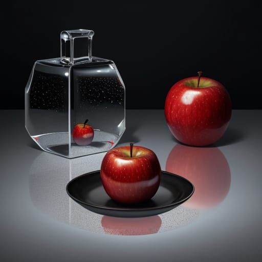 Surreal Red Apple on Mirrored Surface