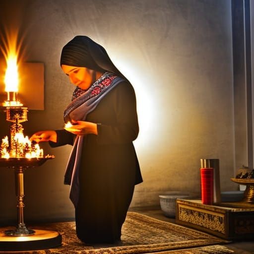 Jewish Woman Lights Shabbat Candles in Hyperrealistic Style