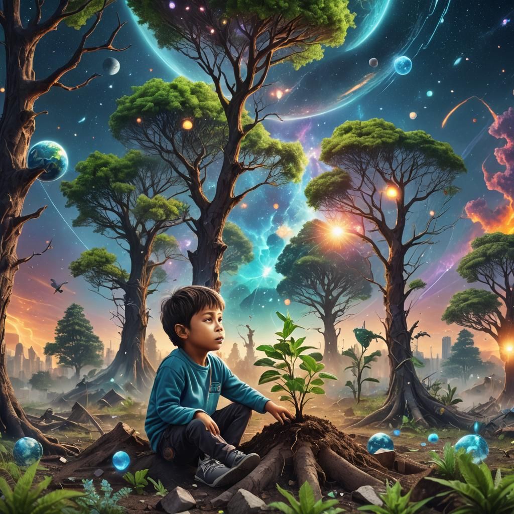 Child Plants Trees in Astral Cosmic Illustration