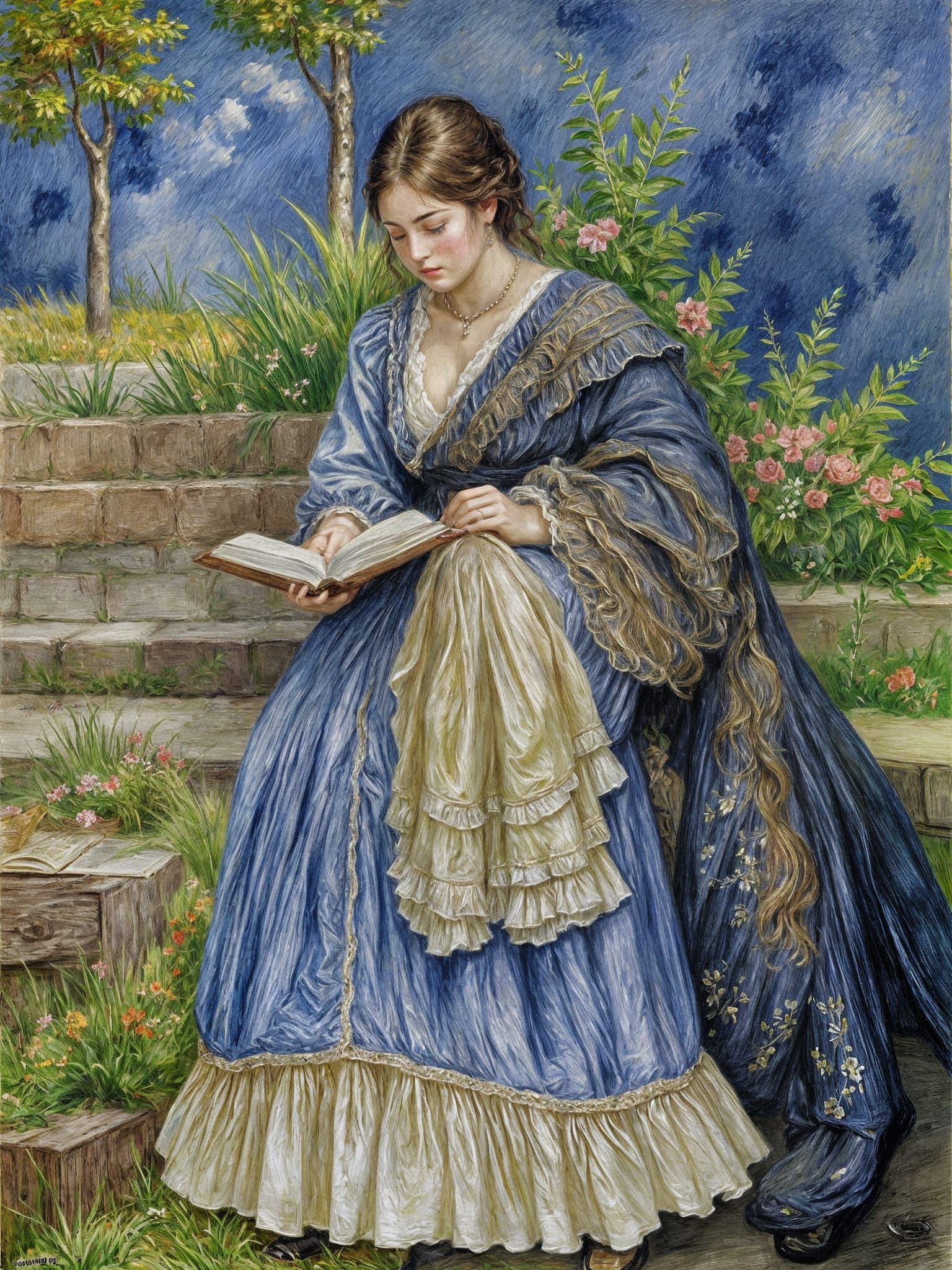 Camille Monet Reading in Watercolor Style