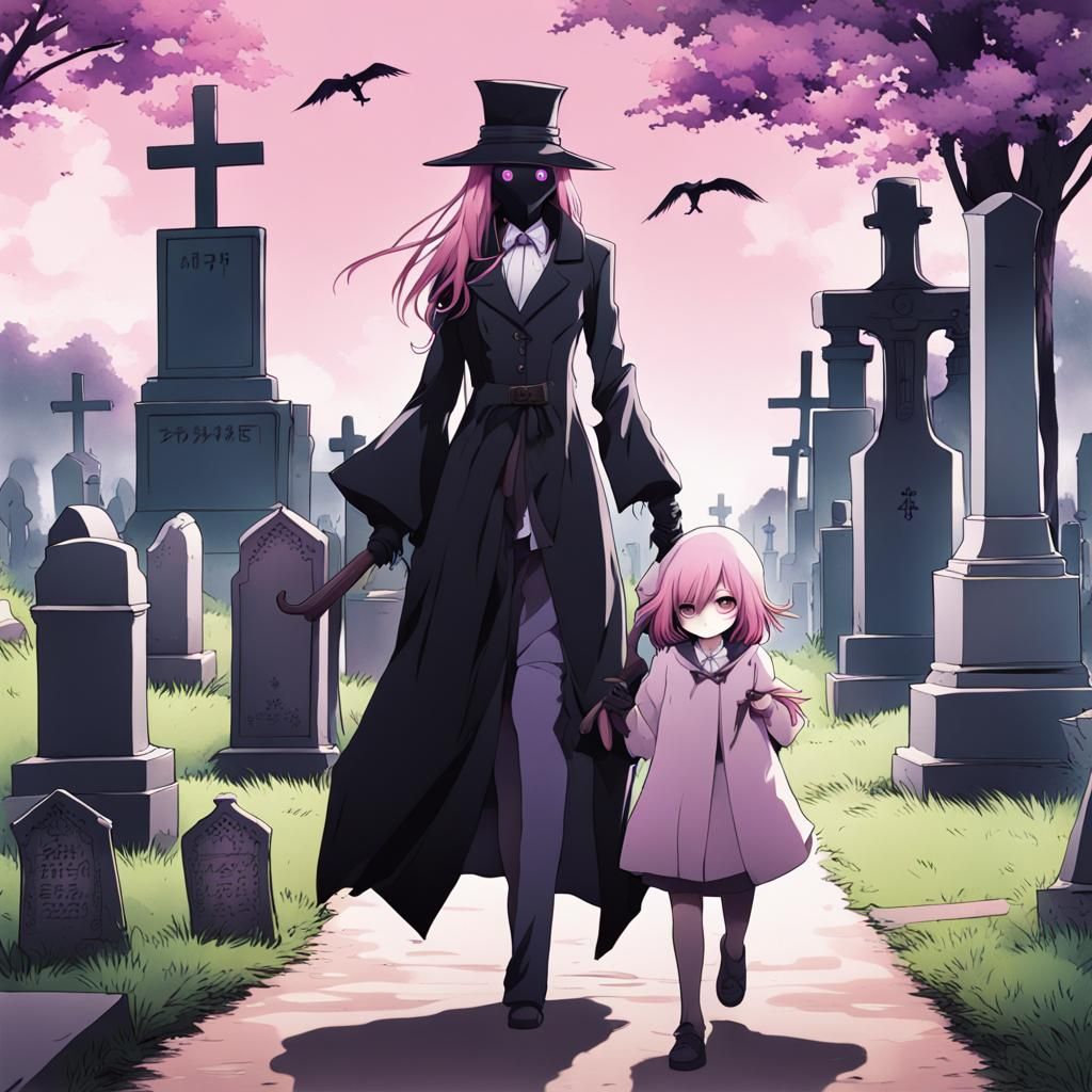 Anime-Style Plague Doctor Walks with Pink-Haired Woman