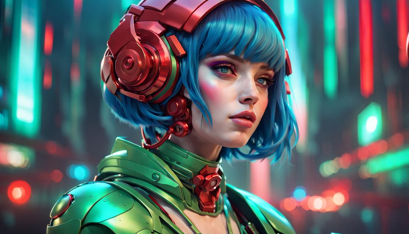 Android Girl with Blue Hair, Hyperdetailed Digital Art