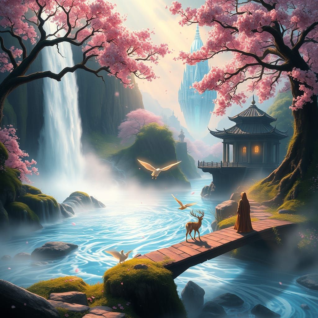 Majestic Waterfall in a Glowing Cornflower Blue River, Fanta...