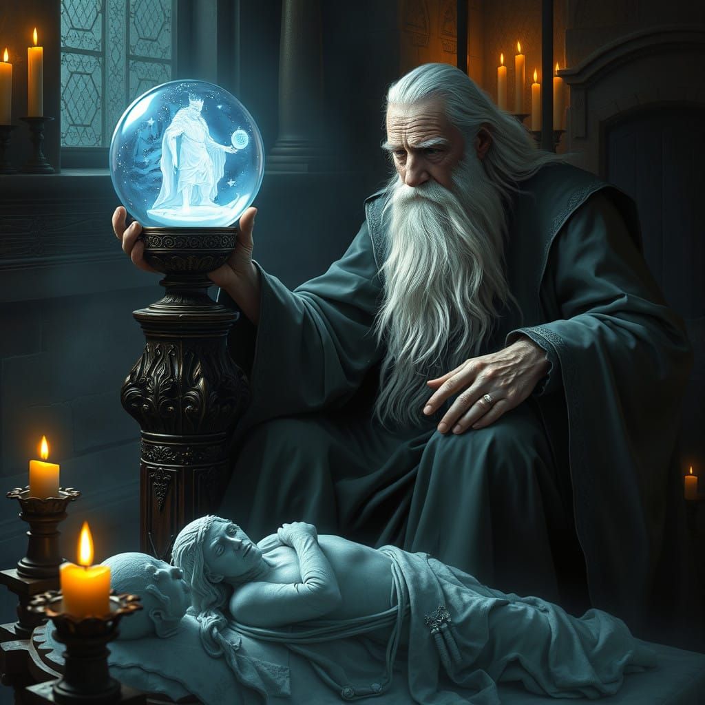 Mystic Wizard Contemplates Death in Ethereal Crystal Ball Vi...