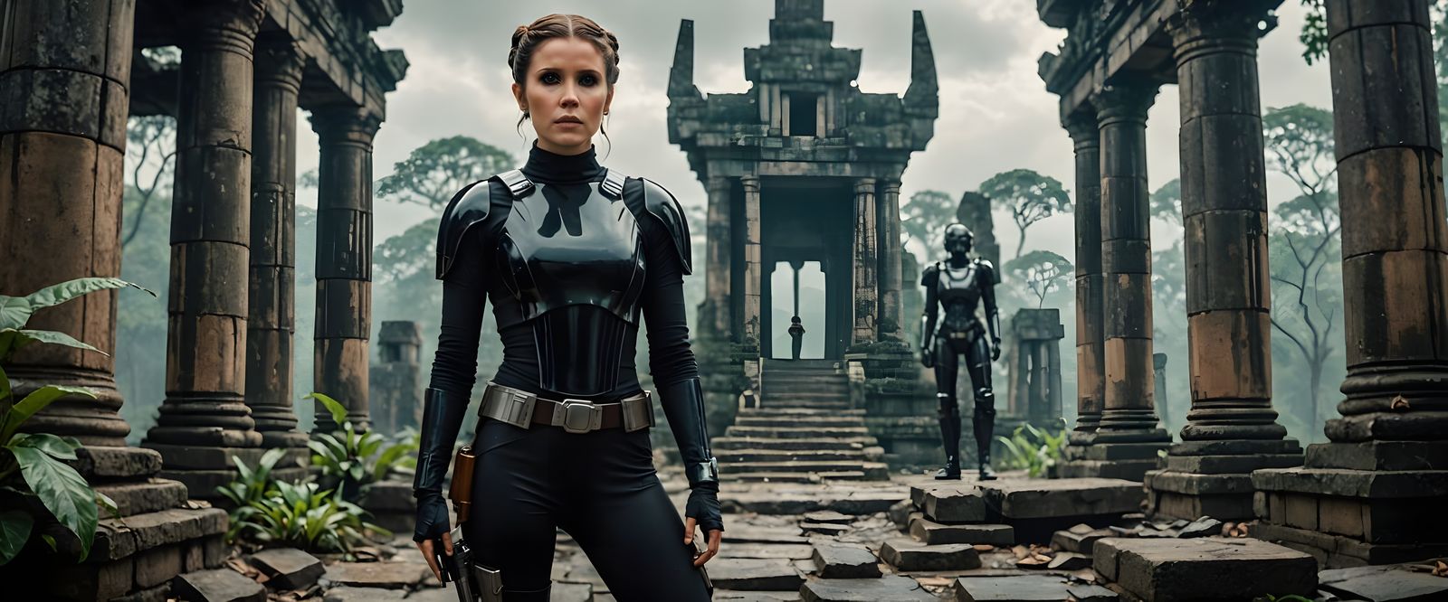 Sleek Princess Leia Stands Ready in Ancient Temple Ruins