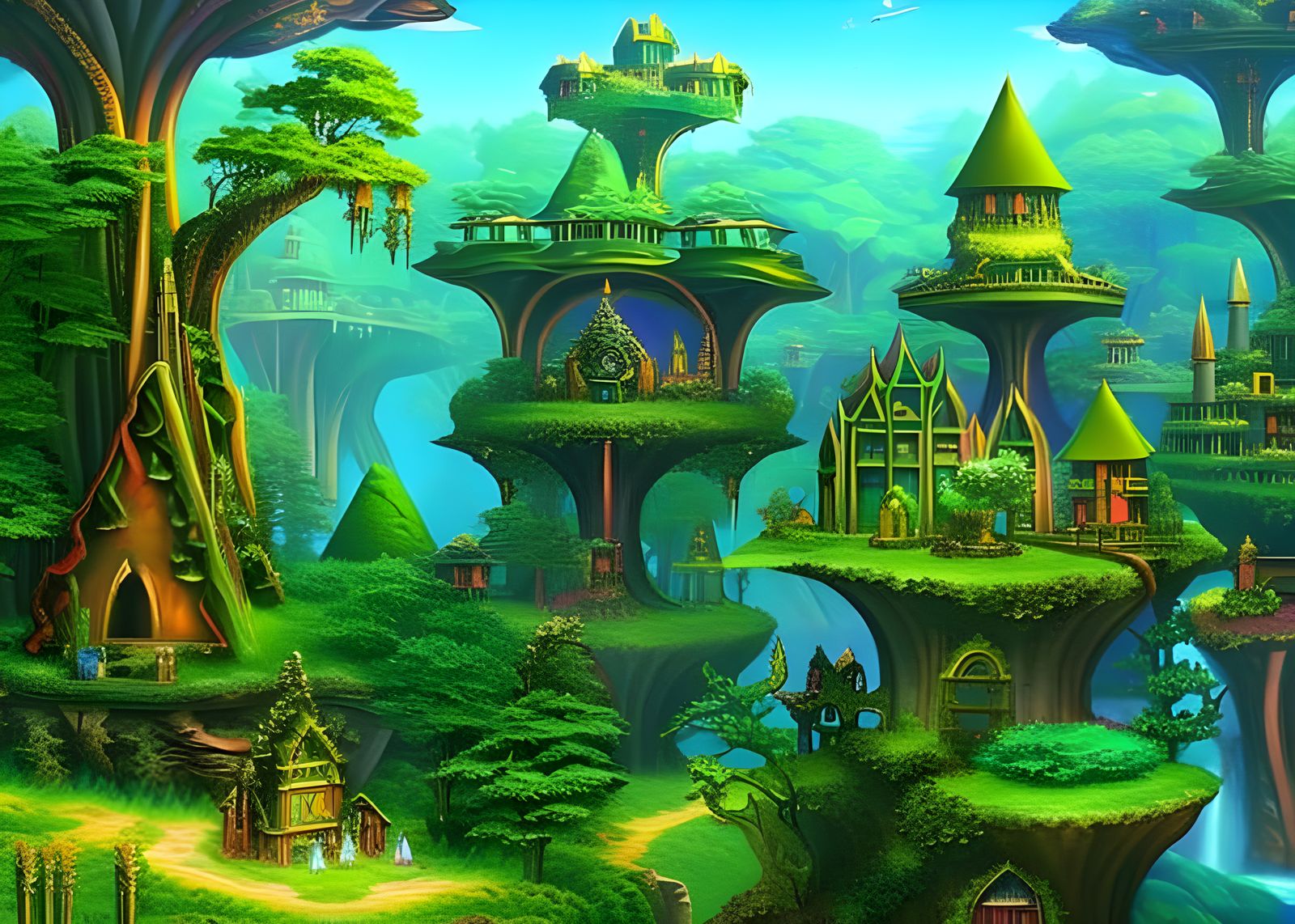 Enchanted Elven City in a Multicolored Forest