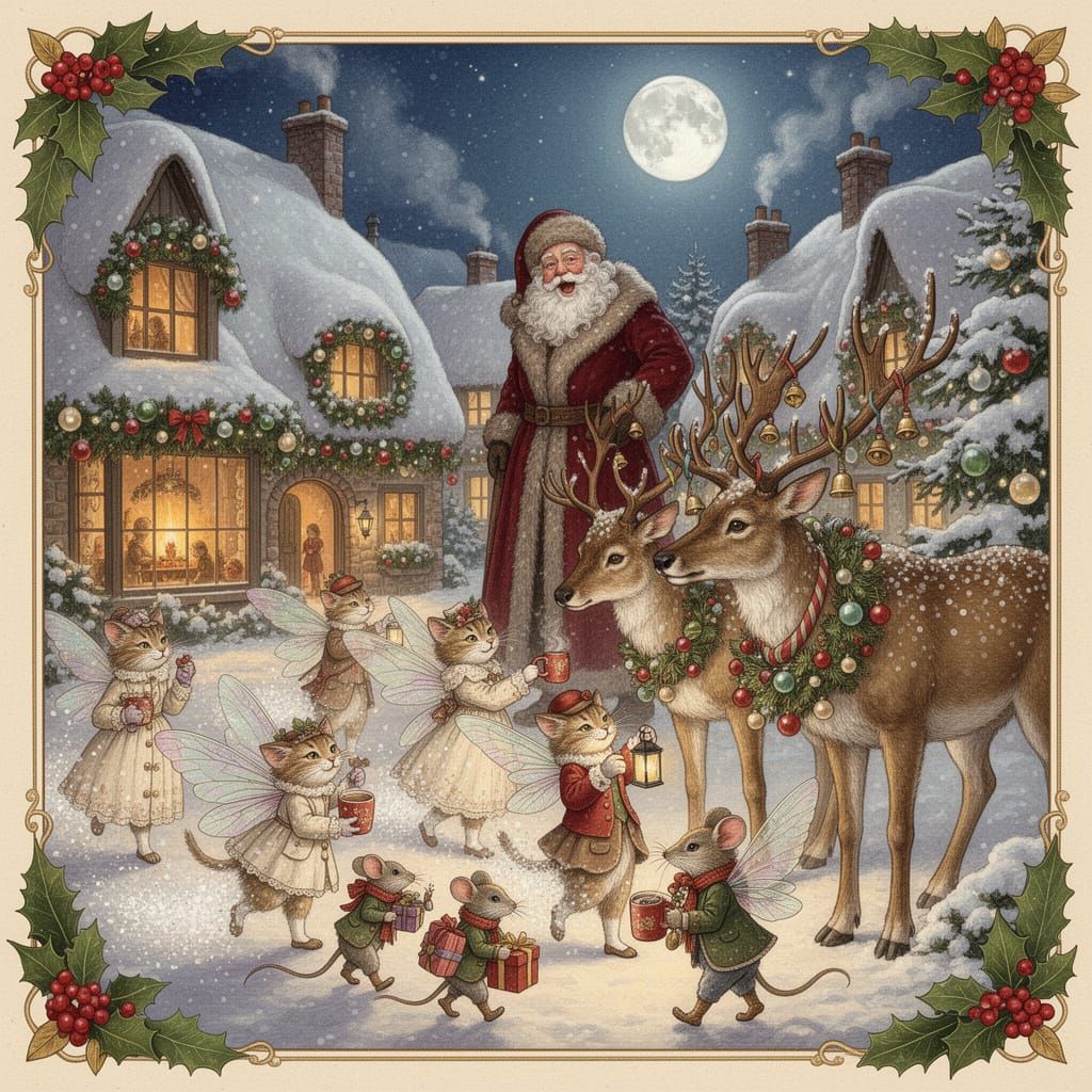 Vintage Christmas Village with Cat Fairies and Santa