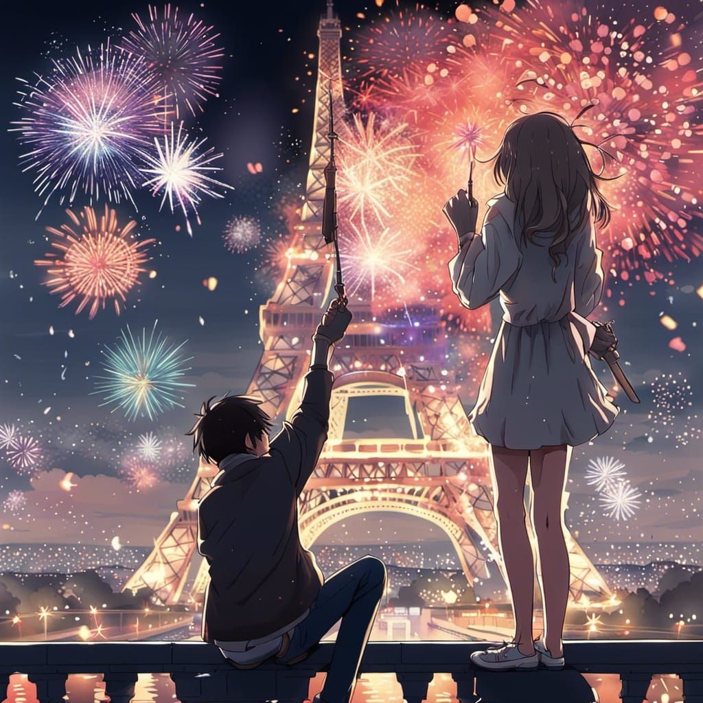 Anime Style Couple Watching Eiffel Tower Fireworks