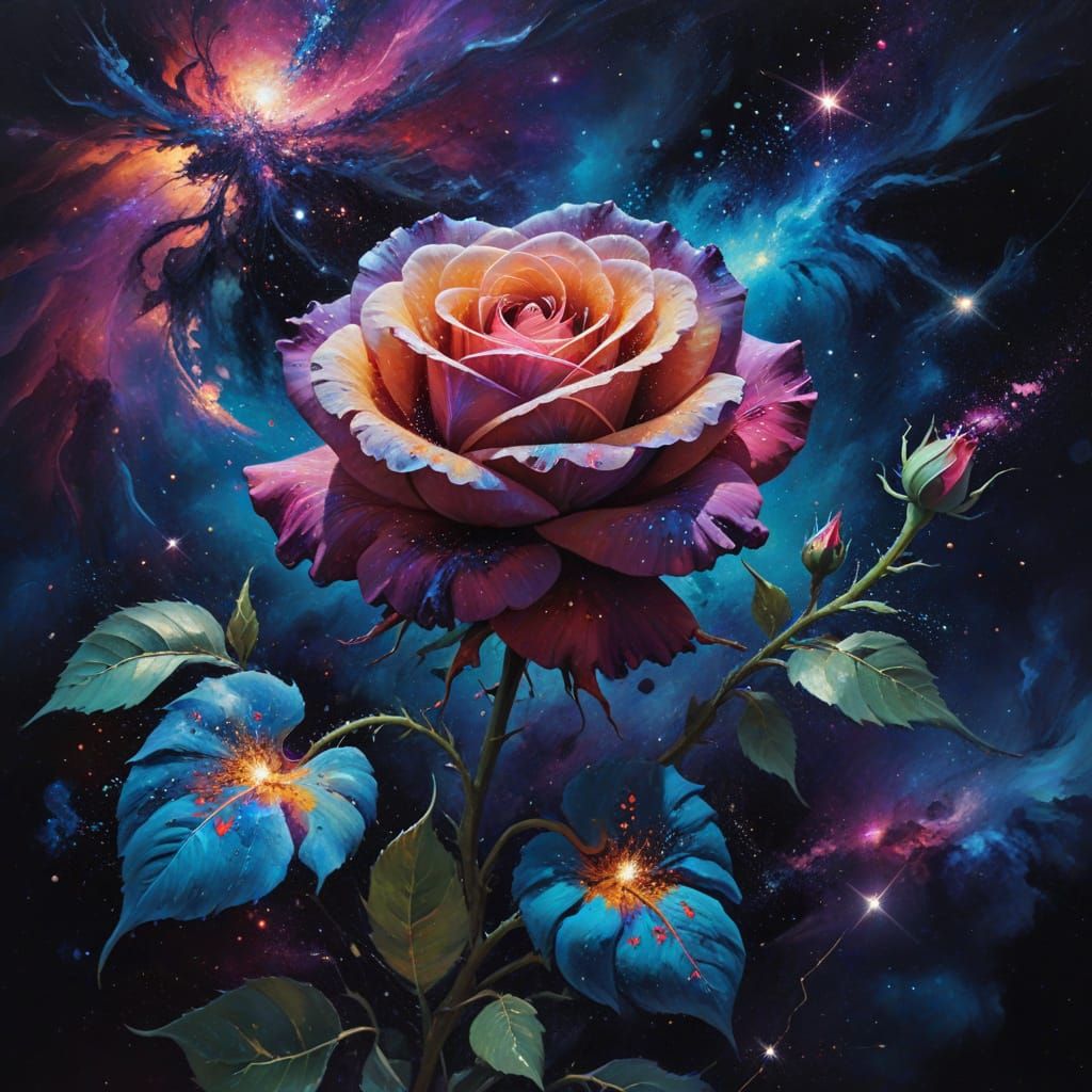 Cosmic Rose Nebula in Vibrant Oil Painting