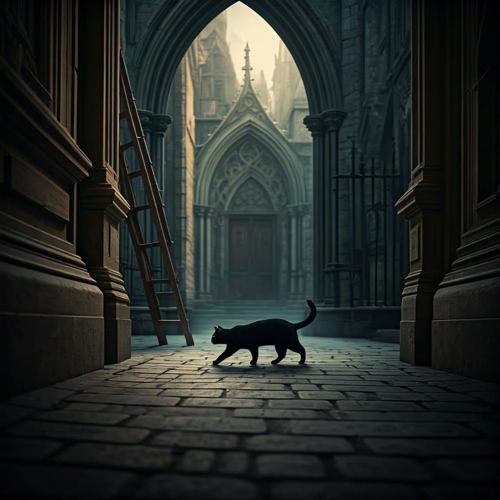 Black Cat Under Ladder in Gothic Street