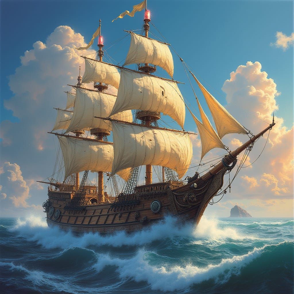 Galleon Navigating Clouds in a Roger Dean Landscape