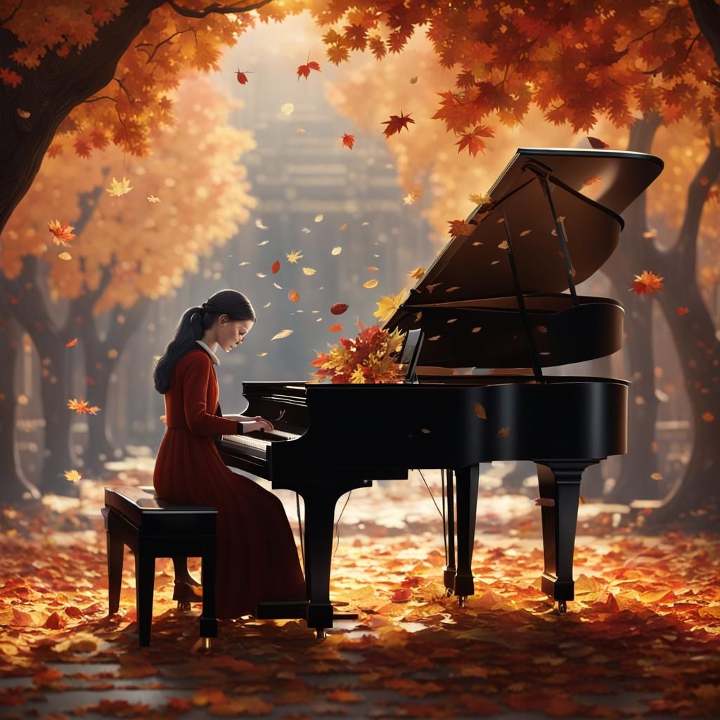 Melancholy Piano Player in Autumn, Matte Painting