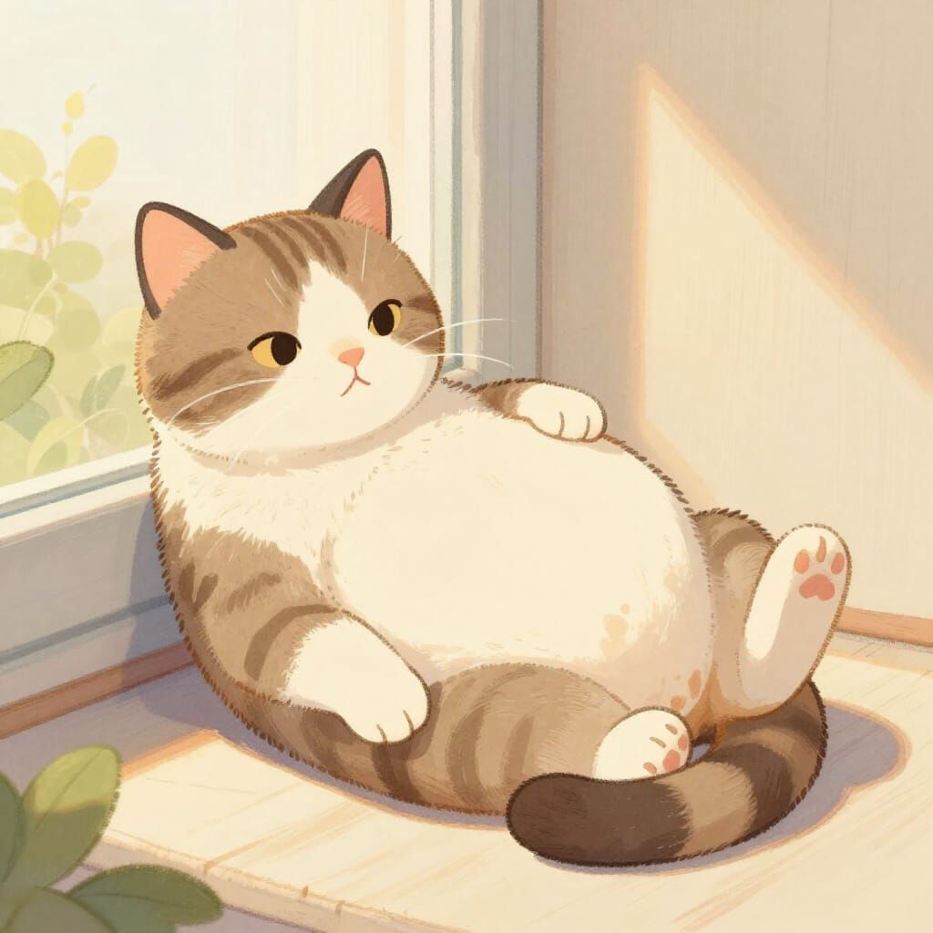 Pregnant Cat Resting on Sunny Windowsill in Gentle Style
