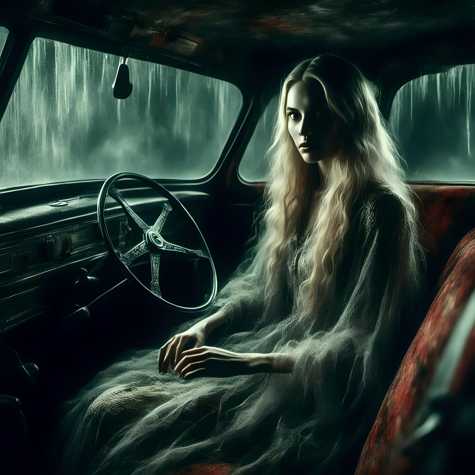 Ghostly Woman in Car, Vintage Photo Aesthetic