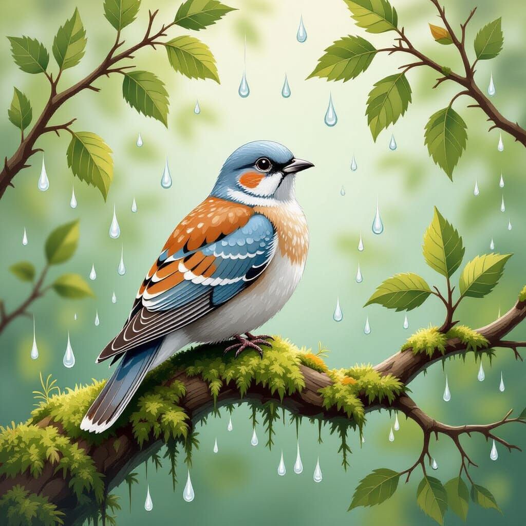 Dove on Mossy Branch in Whimsical Style