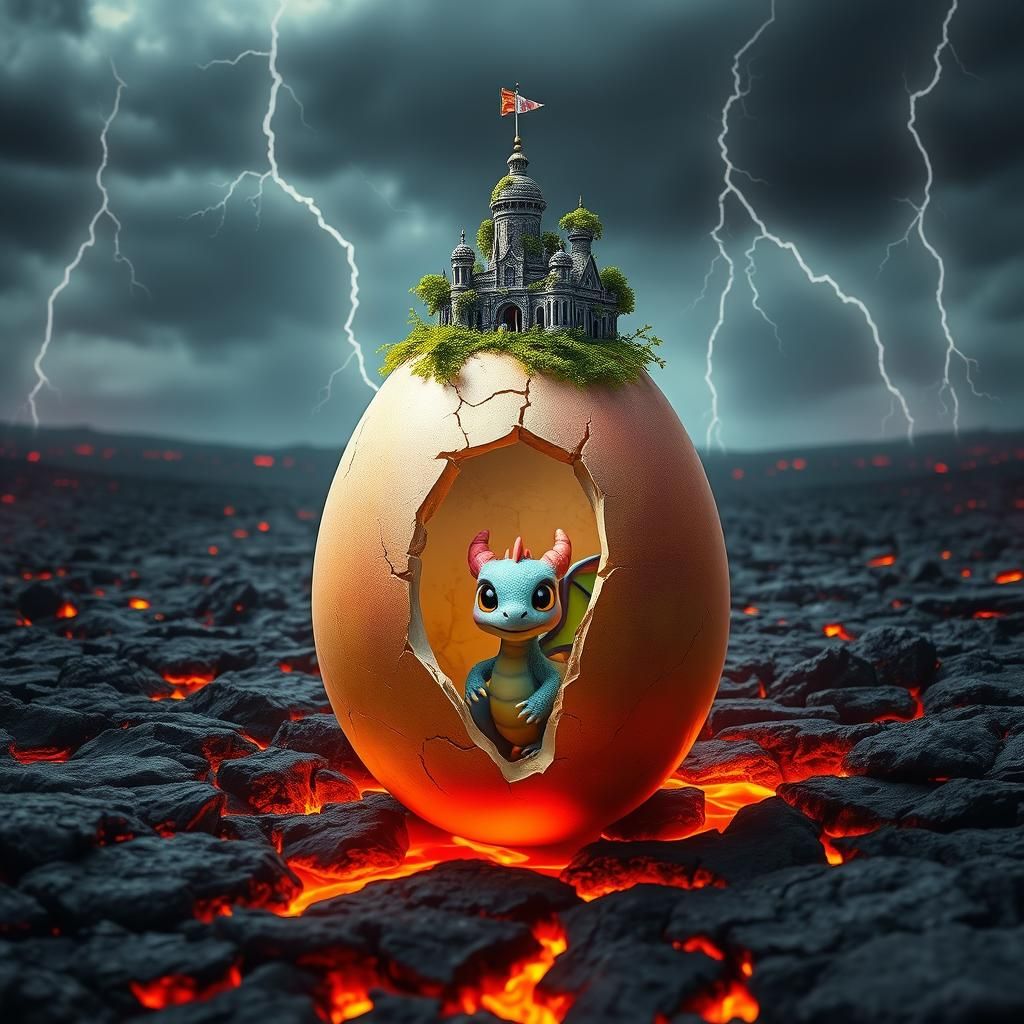 Rainbow Dragon Hatching in Scorched Landscape