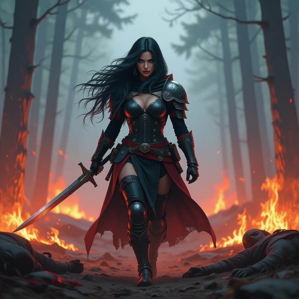 Warrior Rogue in Burning Forest, Graffiti Art Style