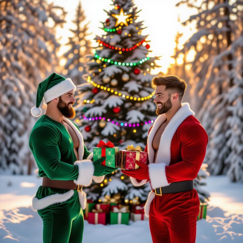 Muscular Elves Exchanging Gifts Under Festive Christmas Tree