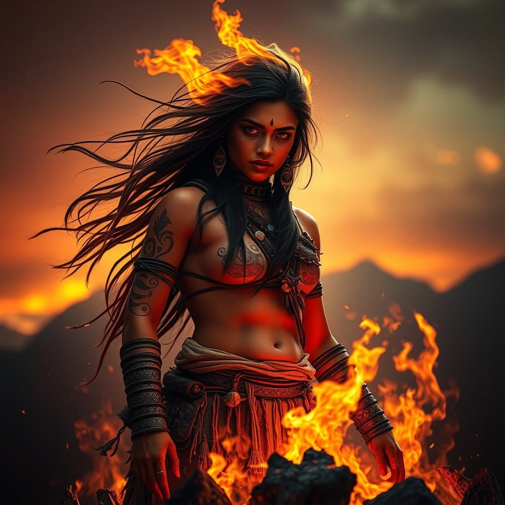 Fiery Tribal Woman Rising: Cinematic Matte Painting