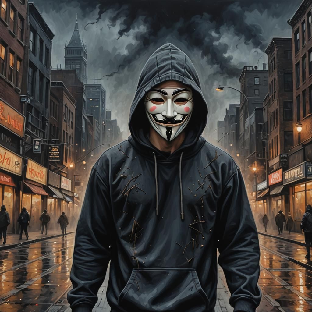 Dystopian Guy Fawkes Mask in Dark Cityscape