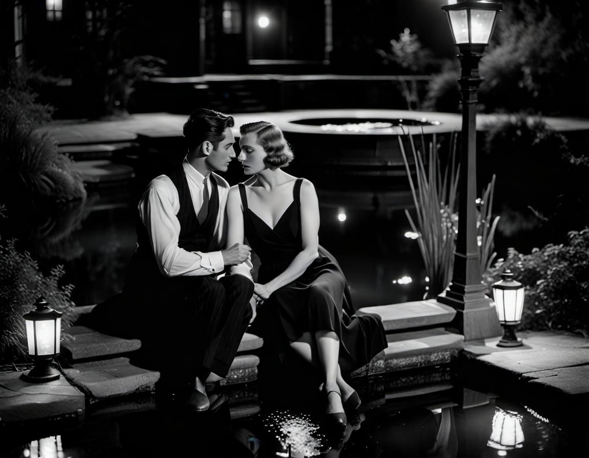 1930s Couple in Love by Pond, Film Noir Photo