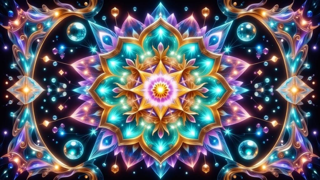 Holographic Stained Glass Kaleidoscope in Neon Style