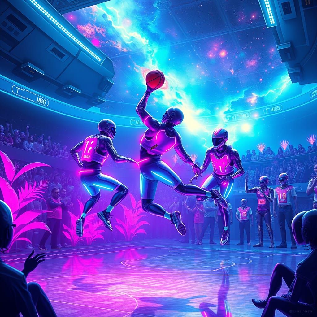 Cyborgs Play Basketball in Futuristic Floating Arena