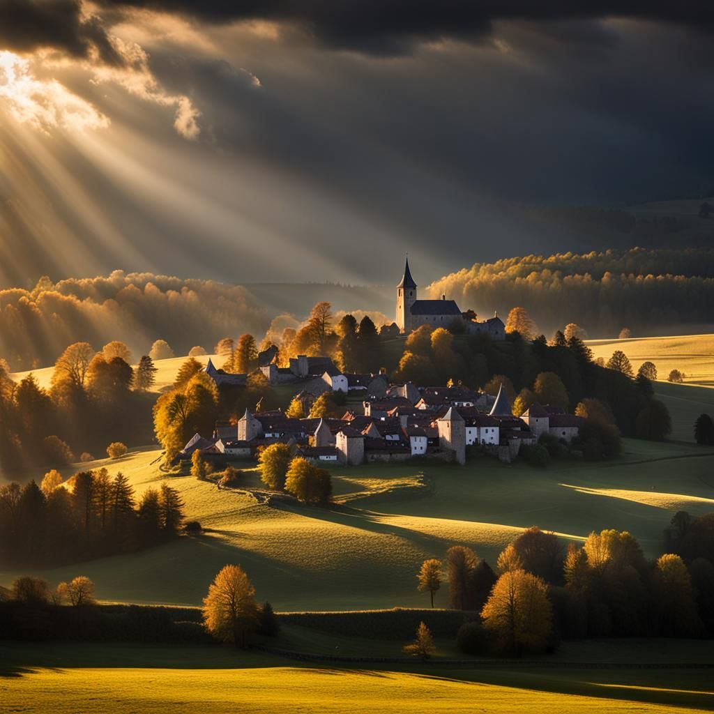 Dramatic Sunlight Over Medieval Village Panorama