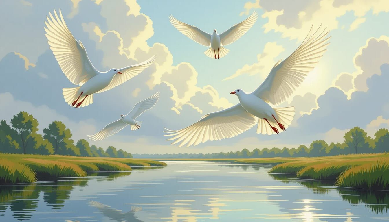Birds in Flight Over Serene River
