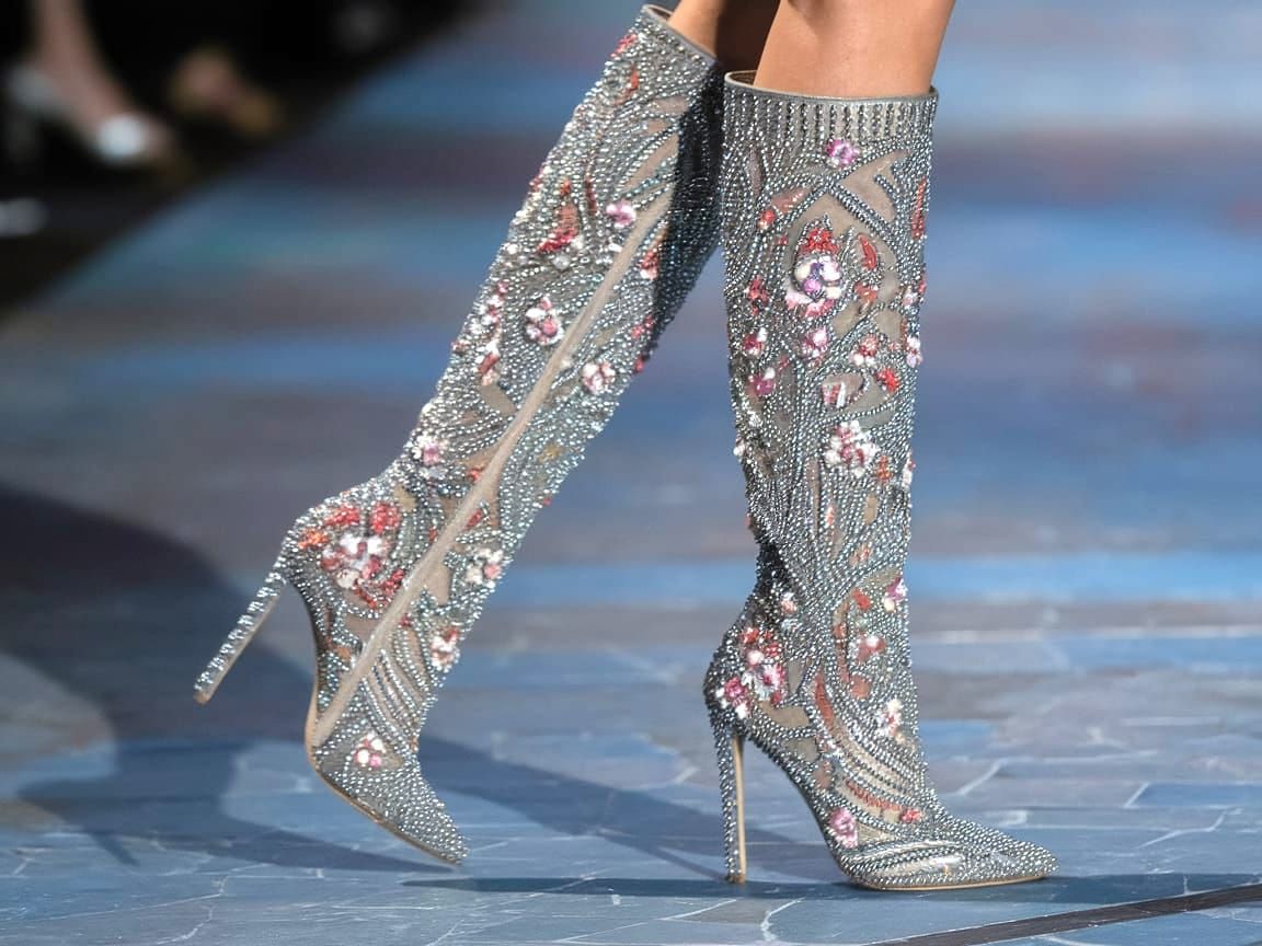 Silver Beaded Floral Boots on Runway, Couture Style
