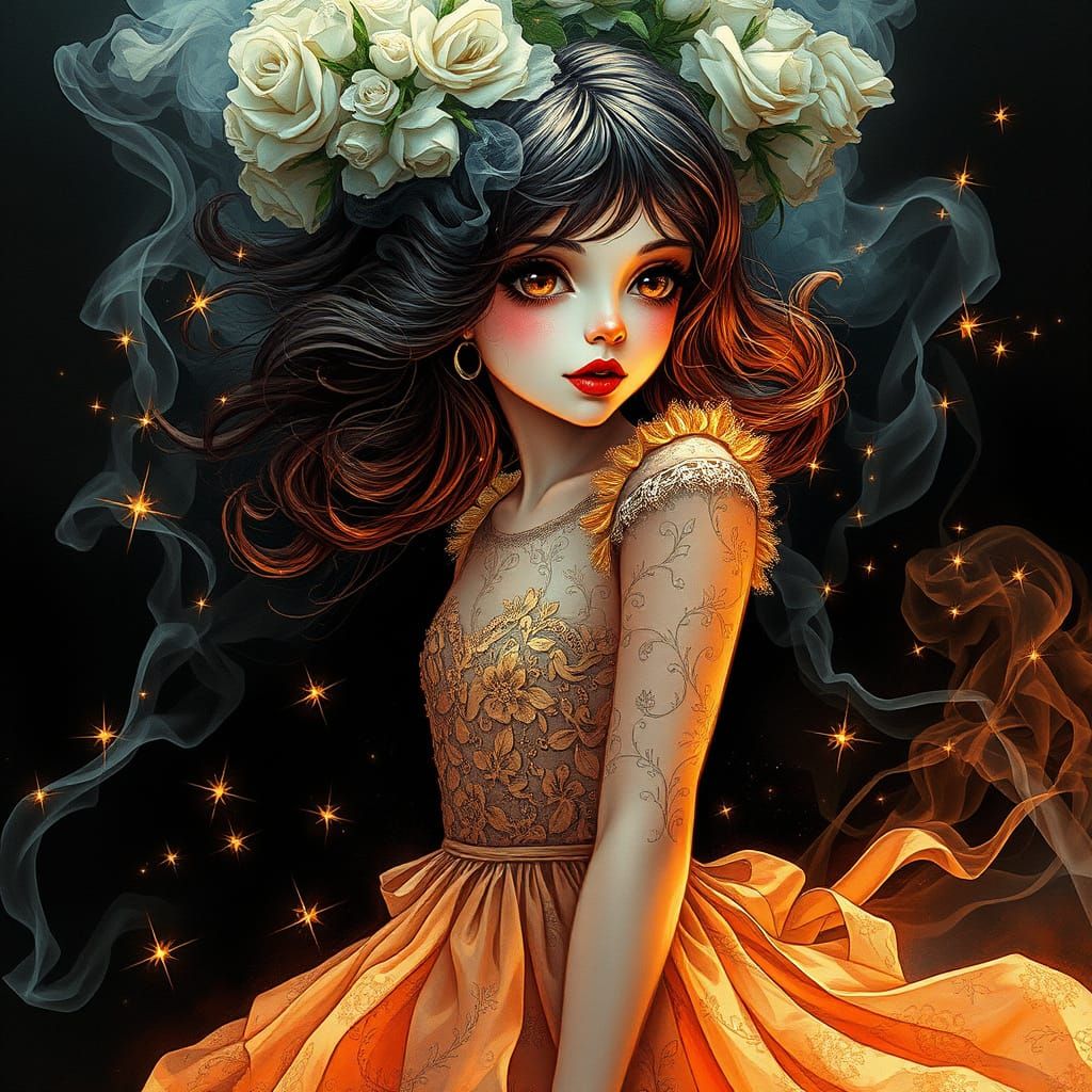 Elegant Girl Vanishing in Smoke: Pen and Ink Art