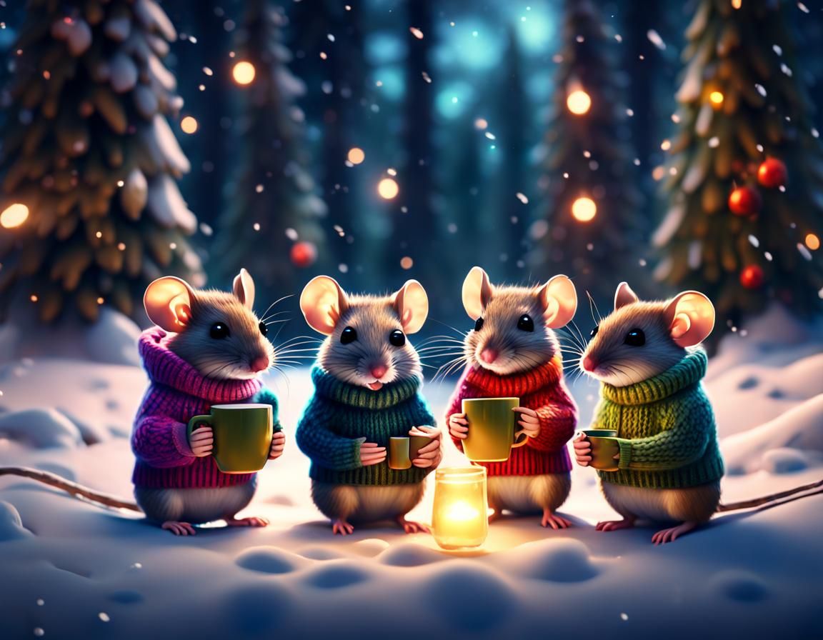 Field Mice in Sweaters Enjoying Hot Chocolate