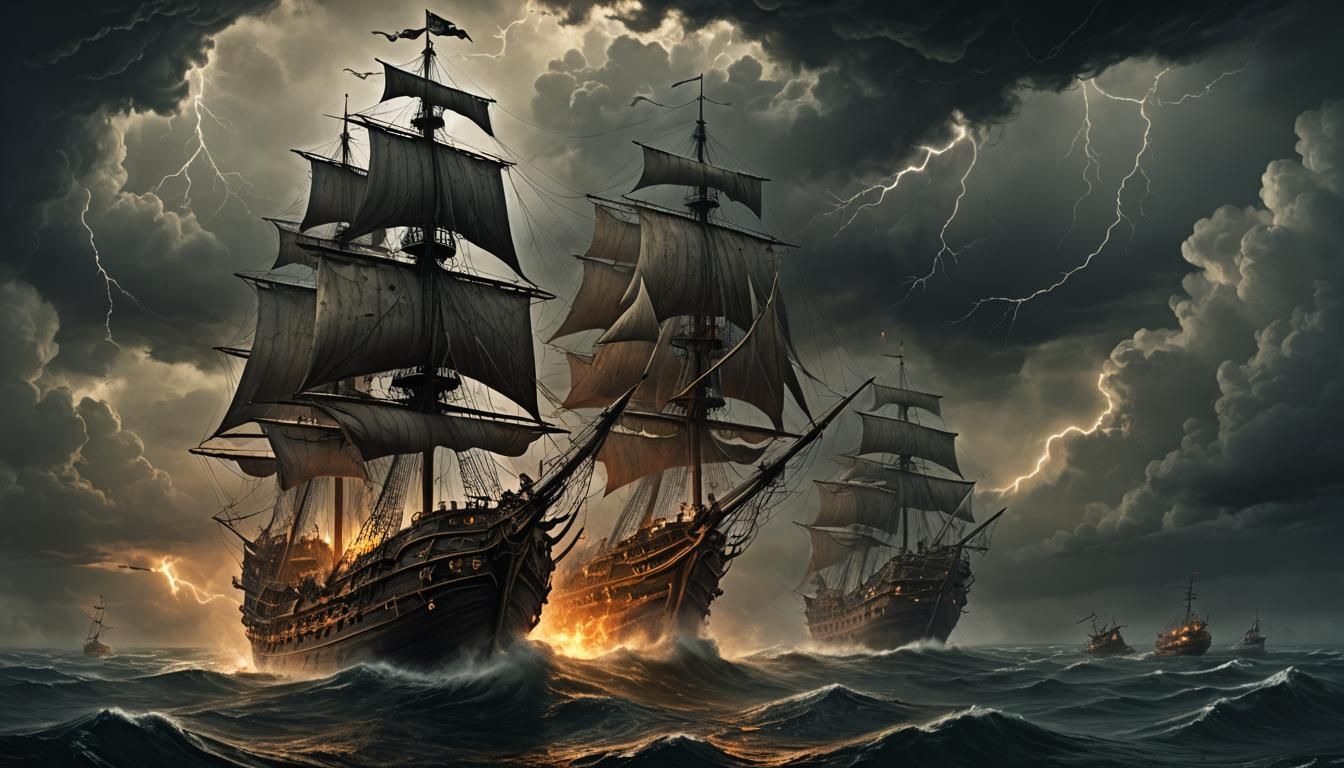Demonic Pirate Ship in Stormy Seas, Dark Surrealism