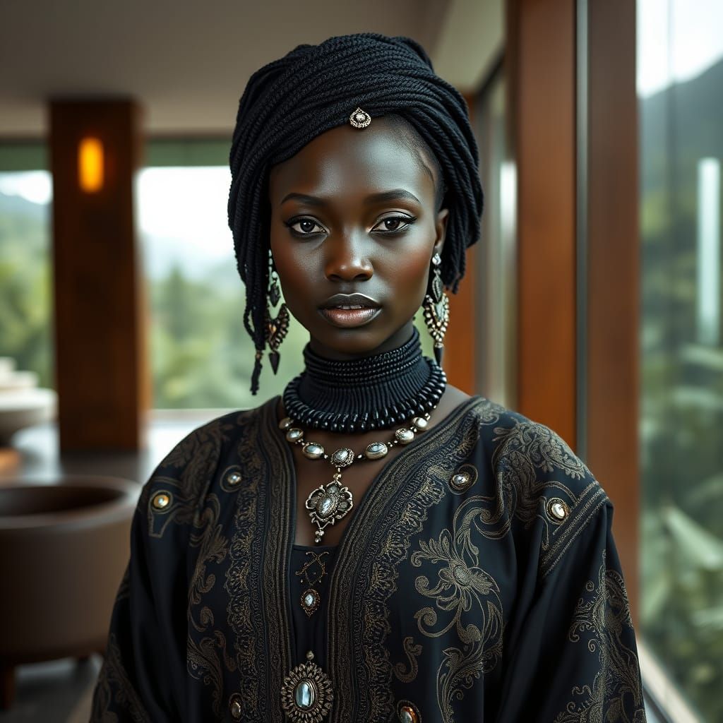 Elegant Woman in Yemenja Clothes in Modern Hotel