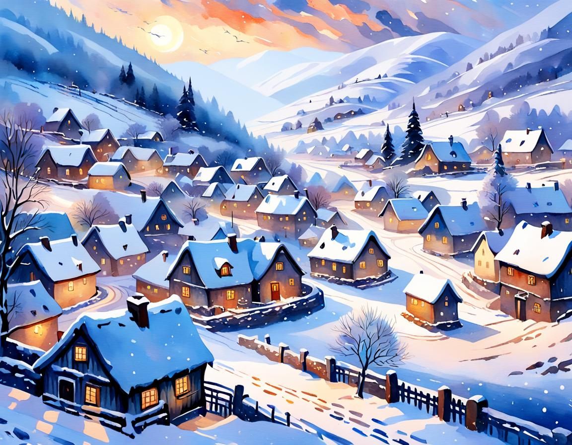 Snowy Village Dreamscape in Watercolor Style