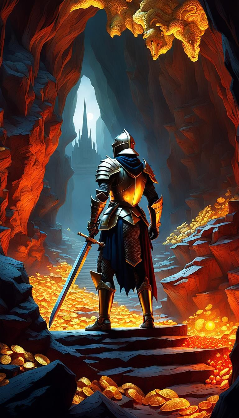 Knight in Dragon's Lair with Treasure