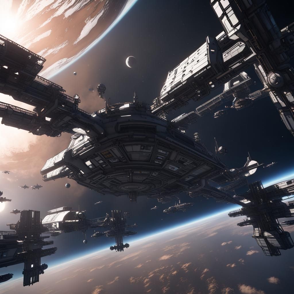 Futuristic Space Station with Spaceships: 3D Render