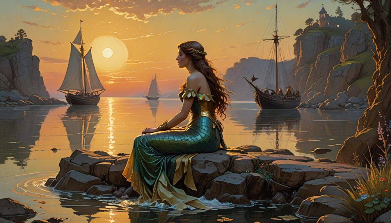 Serene Mermaid in Golden Hour Light, Oil Painting