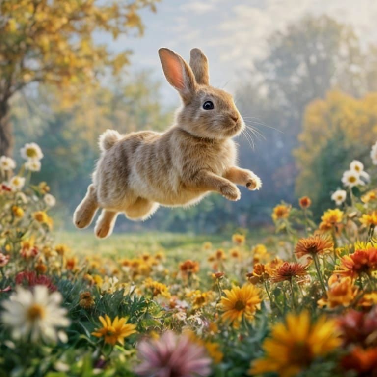 Whimsical Fluffy Rabbit Leaping in Autumn Garden