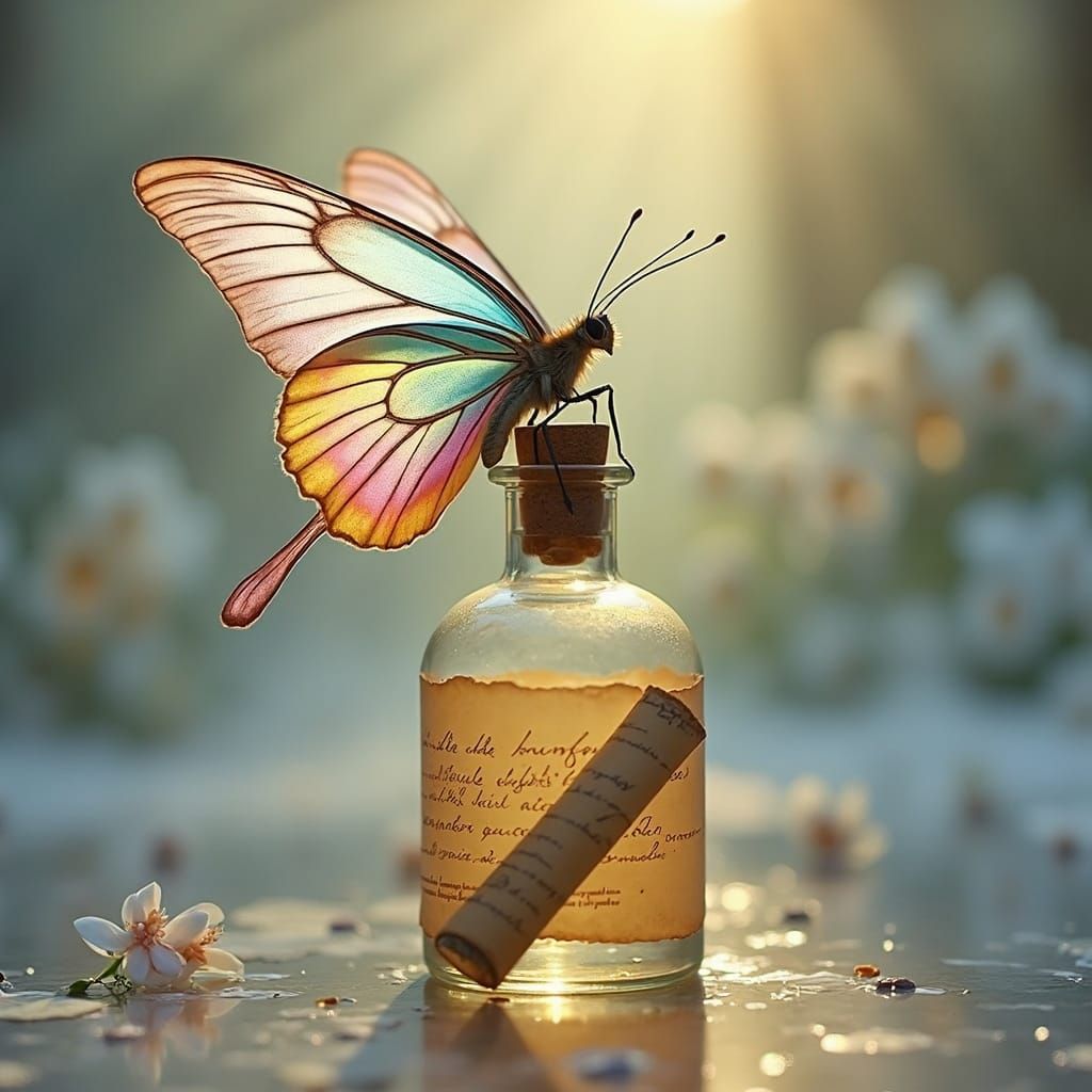 Butterfly on Glass Bottle in Dreamy Light
