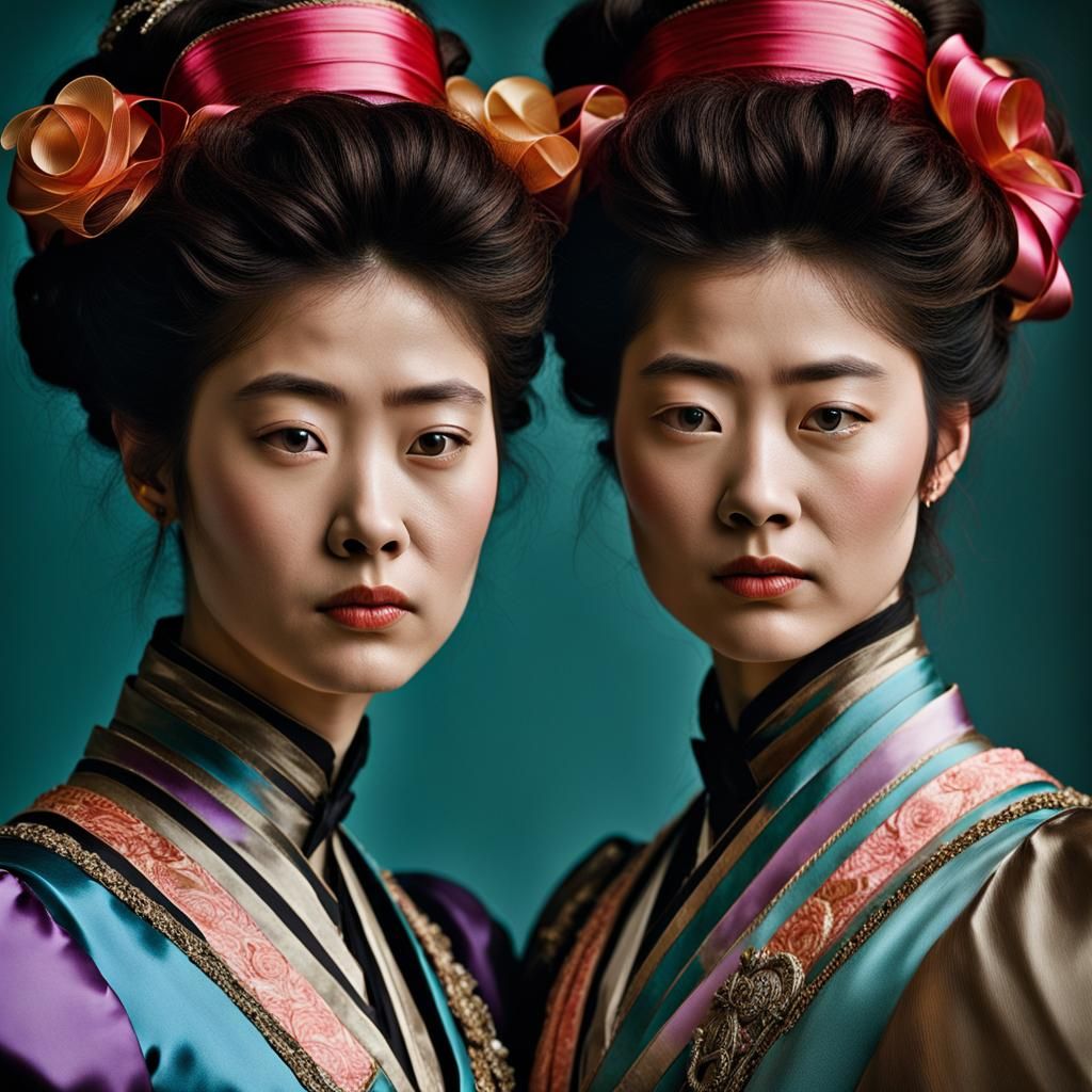 Gibson Girl Portrait of Japanese Sisters in Satin