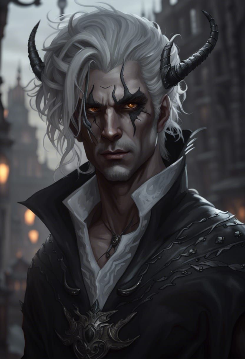 Gray-Skinned Lord with Demon Horns in Dark Fantasy Style