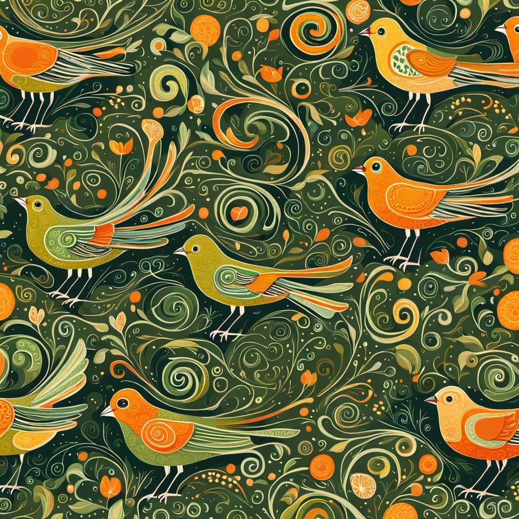 Whimsical Birds in Flight Folk Art Illustration