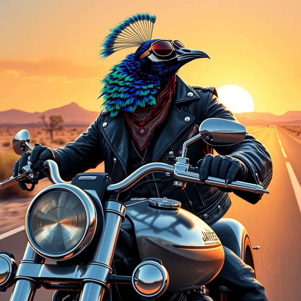 Majestic Peacock Biker Rides Futuristic Harley Davidson Chop...
