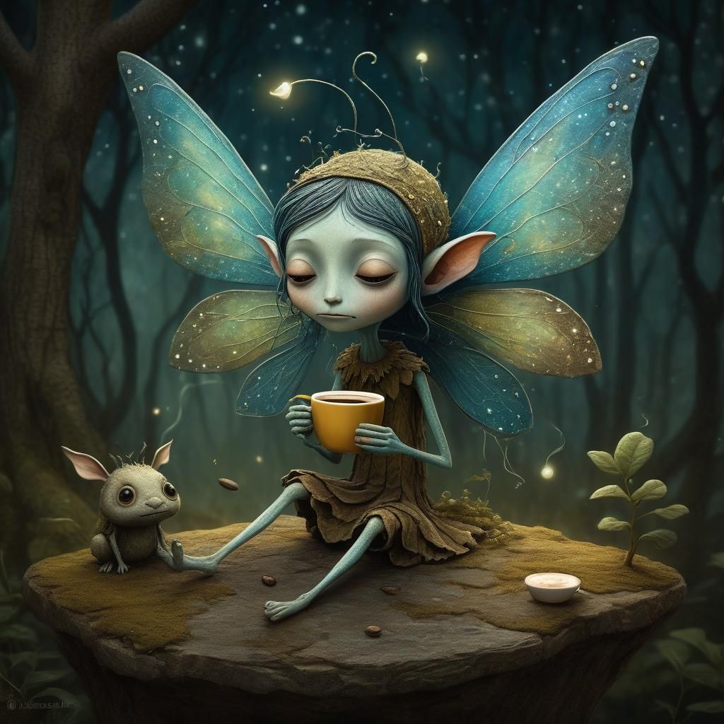 fairy drinking coffee