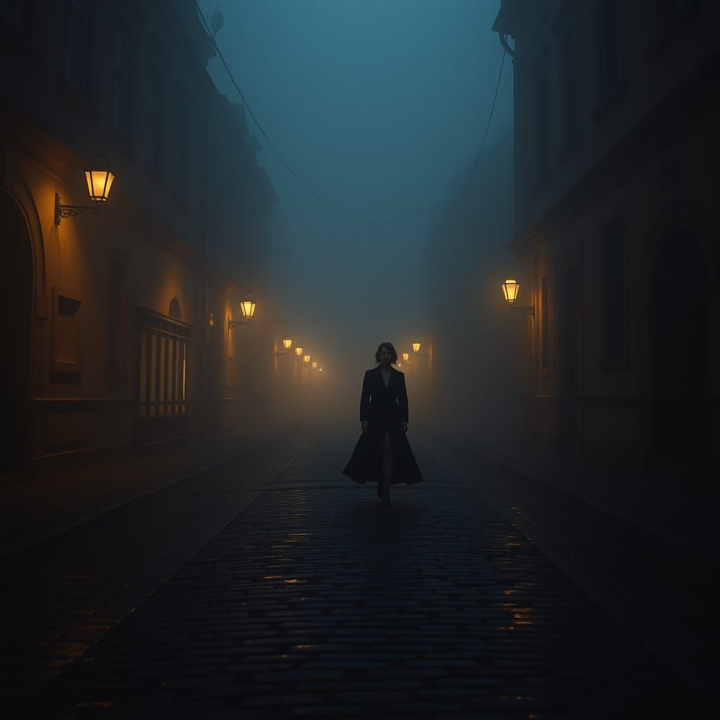 Mystical Figure on Cobblestone Street at Dusk