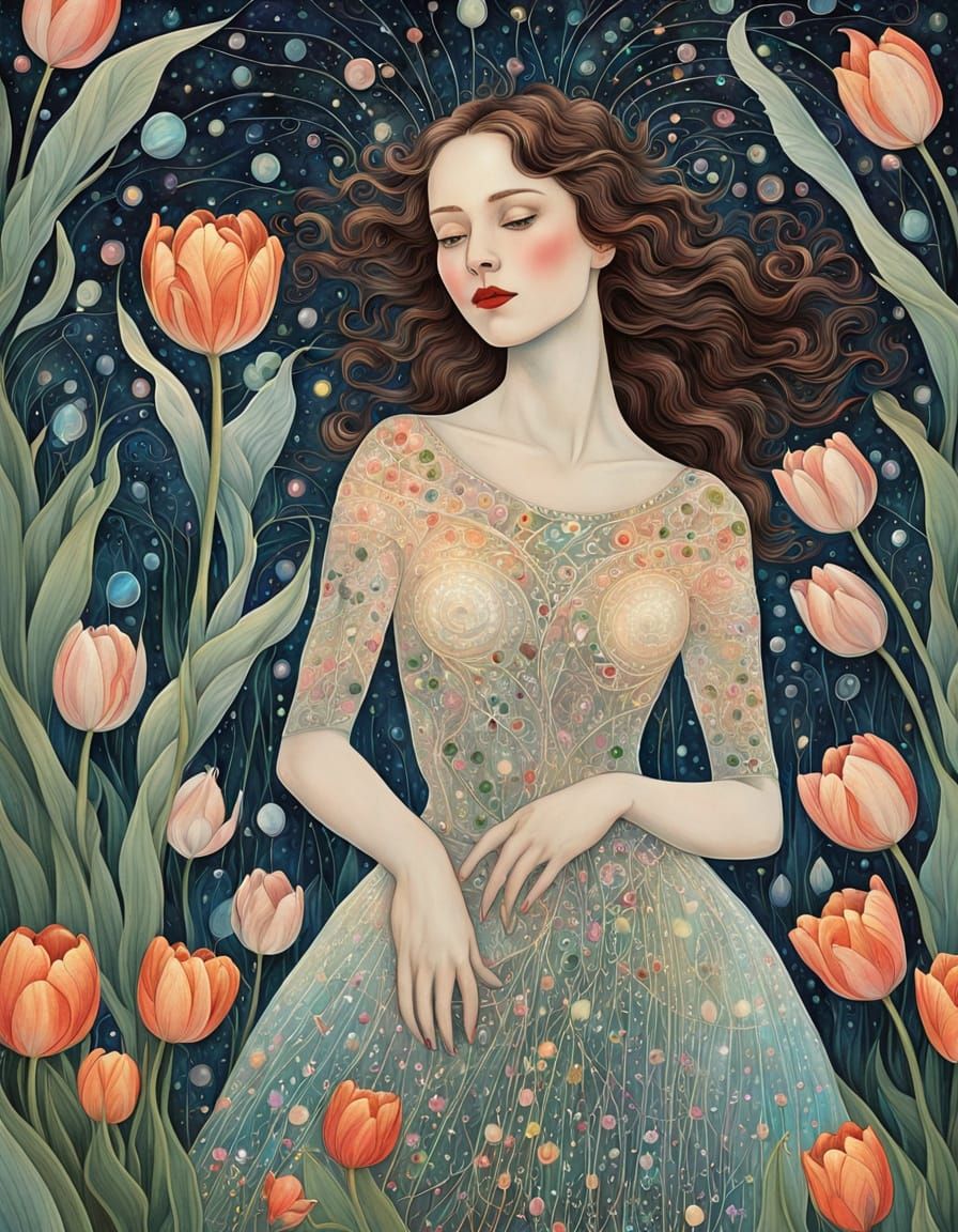 Whimsical Goddess Among Iridescent Opal and Crystal Tulips