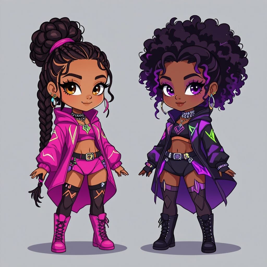 Chibi Goddesses of Ice and Fire in Clip Art Style